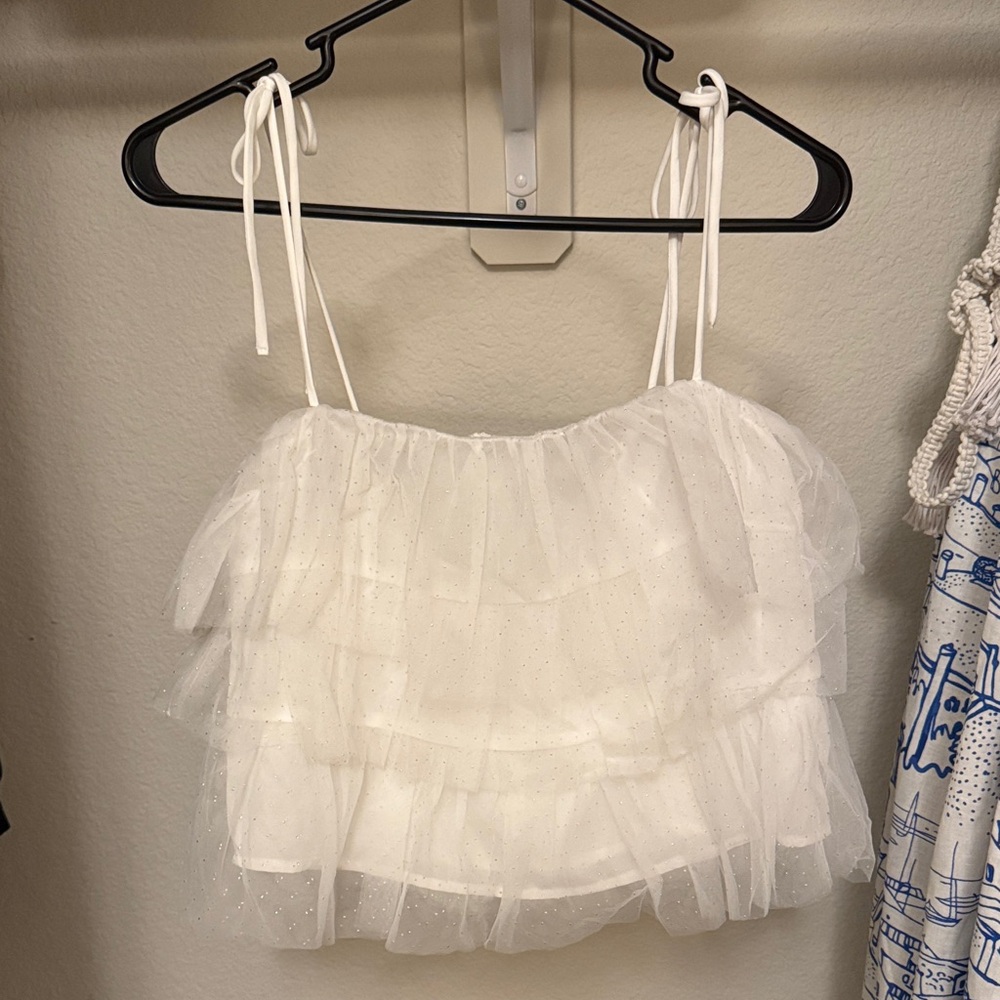 Lush White Tulle Top With Gold Sparkle